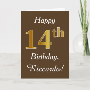 Carte Brown, Faux Gold 14e anniversaire + Nom personnali