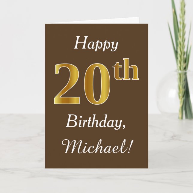 Carte Brown, Faux Gold 20e anniversaire + Nom personnali (Devant)