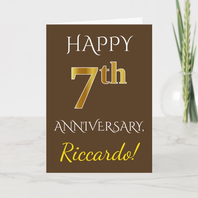Carte Brown, Faux Gold 7ème anniversaire Mariage + Nom (Devant)