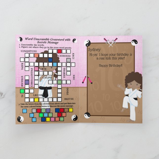 Carte Brown Girls Karate Secret Message Joyeux anniversa (Intérieur)