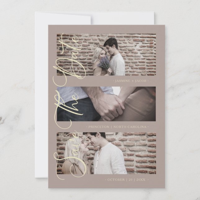 Carte Brown Golden Trendy Modern 3 Wedding Photos (Devant)