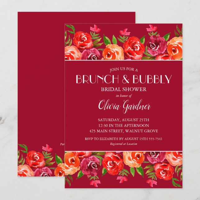 Carte Brunch et Bubbly Aquarelle Fête des mariées floral (Devant / Derrière)