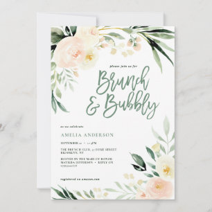 Carte Brunch & mousseux vert et pêche aquarelle floral
