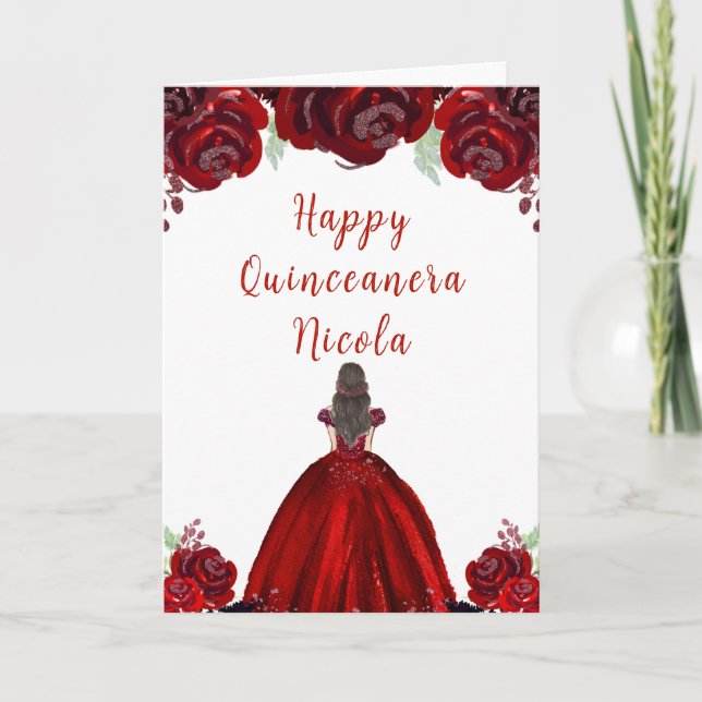 Carte Brunette Hair Princesse Rouge Floral Quinceanera (Devant)