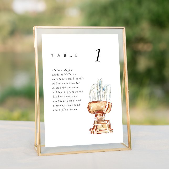 Carte Bryant Park Fountain NYC Mariage Seating Chart (Watercolor Bryant Park Fountain New York City wedding table number seating chart sign.)