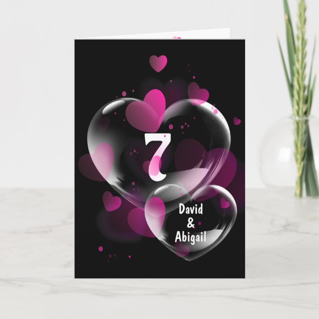 Carte Bubbles cardiaques du 7e anniversaire en noir (Devant)