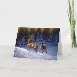 Carte Buck & Doe de cerf blanc en neige hivernale