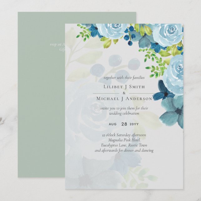Carte Budget Dusty Blue Floral Mariage (Devant / Derrière)