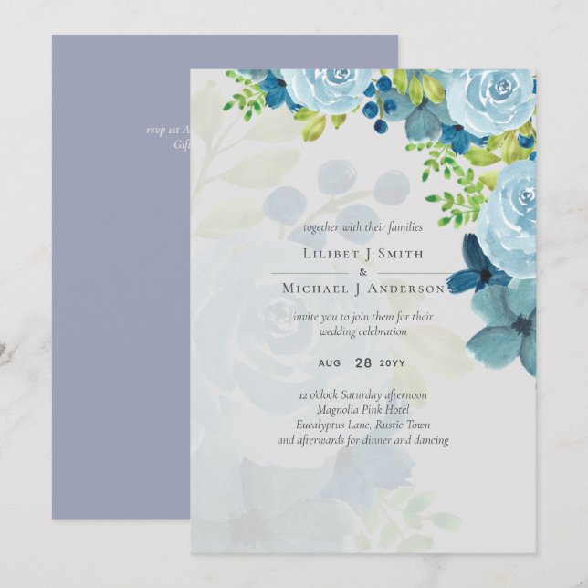 Carte Budget Dusty Blue Flowers Sage Mariage (Devant / Derrière)