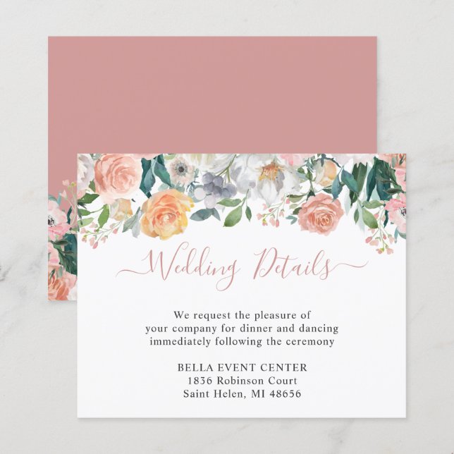 Carte Budget Dusty Rose Floral Mariage Détails (Devant / Derrière)