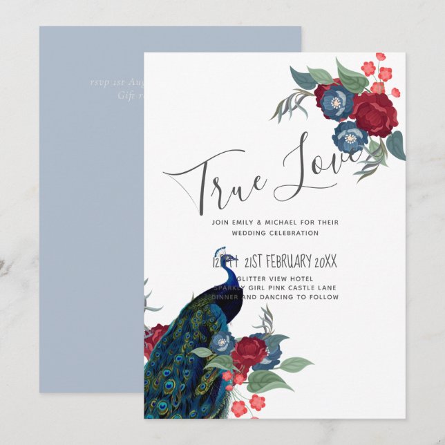 Carte Budget Mariage de automne d'hiver Peacock Bleu Bou (Devant / Derrière)