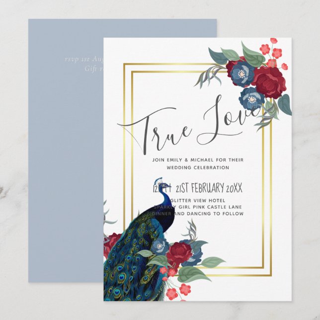 Carte BUDGET Peacock Bleu Bourgogne Mariage de automne d (Devant / Derrière)
