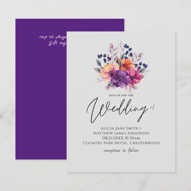 Carte BUDGET Purple Orange Floral Mariage Inviter (Devant / Derrière)