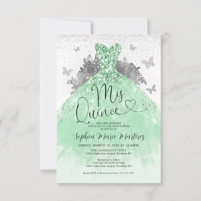 Carte Budget Sage Robe Verte Mis Quince Quinceañera (Devant)