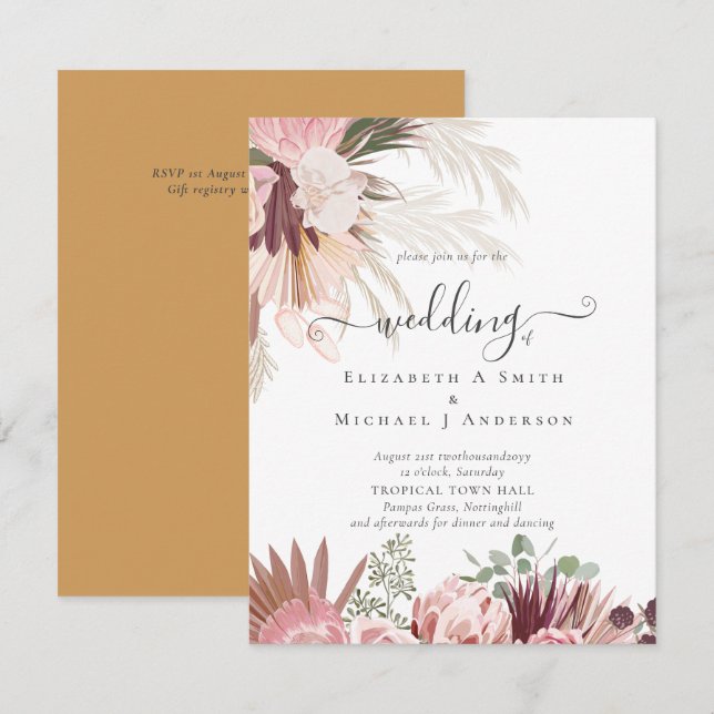 Carte BUDGET Vin Bourgogne Pampas Grass Mariage Tropical (Devant / Derrière)