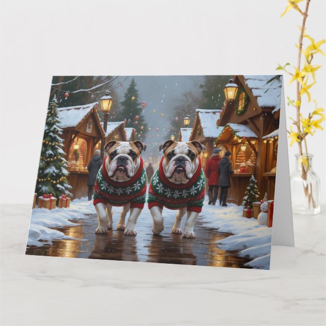 Carte Buldogs Noël Fête de neige (Fleur jaune)