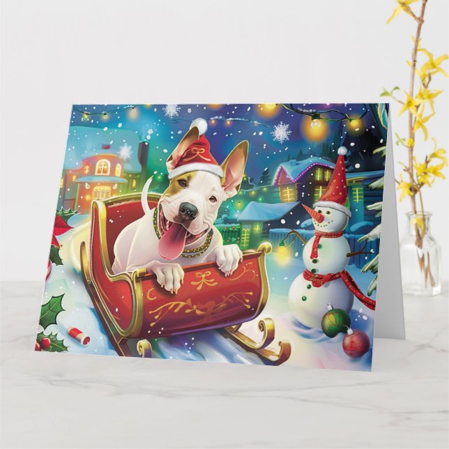 Carte Bull Terrier Chien à Sleigh neige Noël (Fleur jaune)