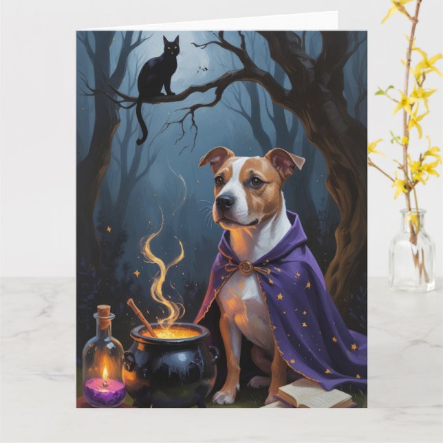 Carte Bull Terrier Chien Whimsical Halloween Peinture (Fleur jaune)