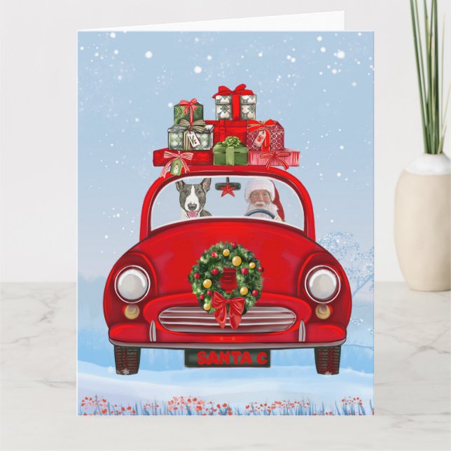 Carte Bull Terrier dans une voiture avec le Père Noël  (Devant)