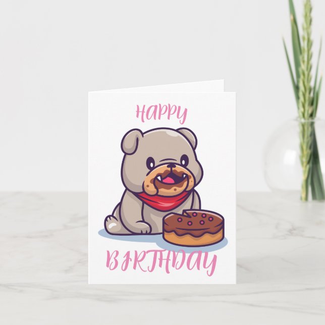 Carte Bulldog Kawaii Joyeux anniversaire (Devant)