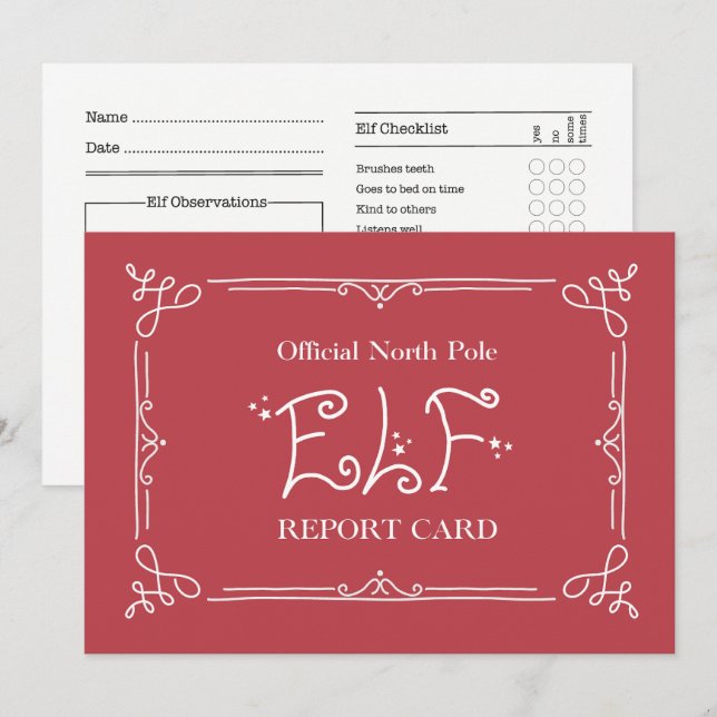 Carte Bulletin de notes de l'elfe du pôle Nord de Santa (Devant / Derrière)