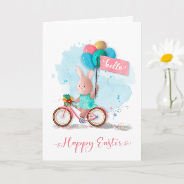 Carte Bunny à Vélo de Pâques avec bannière et ballons (Petite plante)