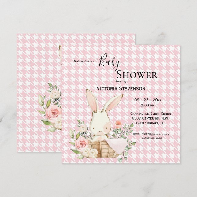 Carte Bunny Rabbit Aquarelle Houndstooth Baby shower (Devant / Derrière)