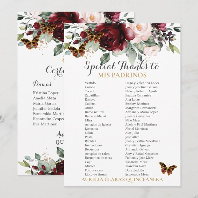 Carte Burgundy Blush Floral QUINCEAÑERA Padrinos (Devant / Derrière)
