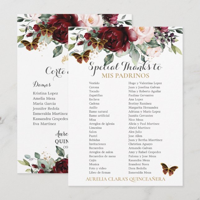 Carte Burgundy Blush Floral QUINCEAÑERA Padrinos (Devant / Derrière)