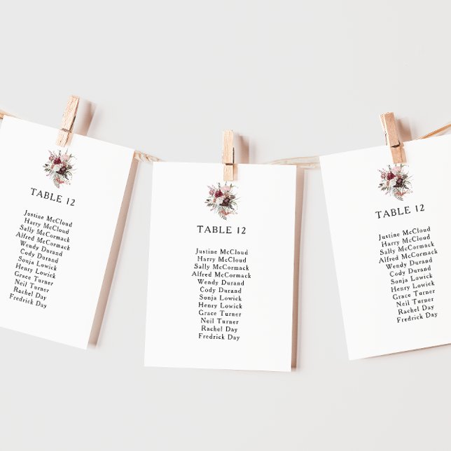 Carte Burgundy Boho Floral Tableau Numéro de siège (Créateur téléchargé)