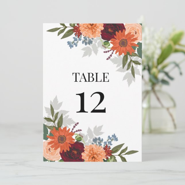Carte Burgundy Fall Garden Floral Mariage Numéro de tabl (Debout devant)