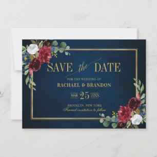 Carte Burgundy Floral Bleu Nuit Cadre Or Save the Date