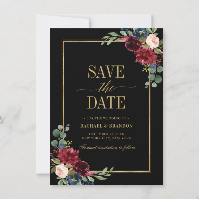Carte Burgundy Floral Navy Blue Gold Frame Enregistrer l (Devant)