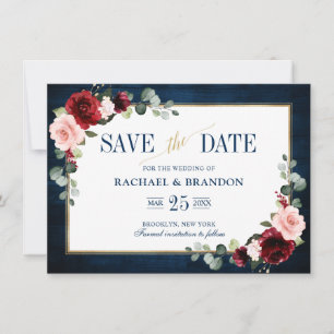 Carte Burgundy Floral Navy Blue Gold Frame Enregistrer l