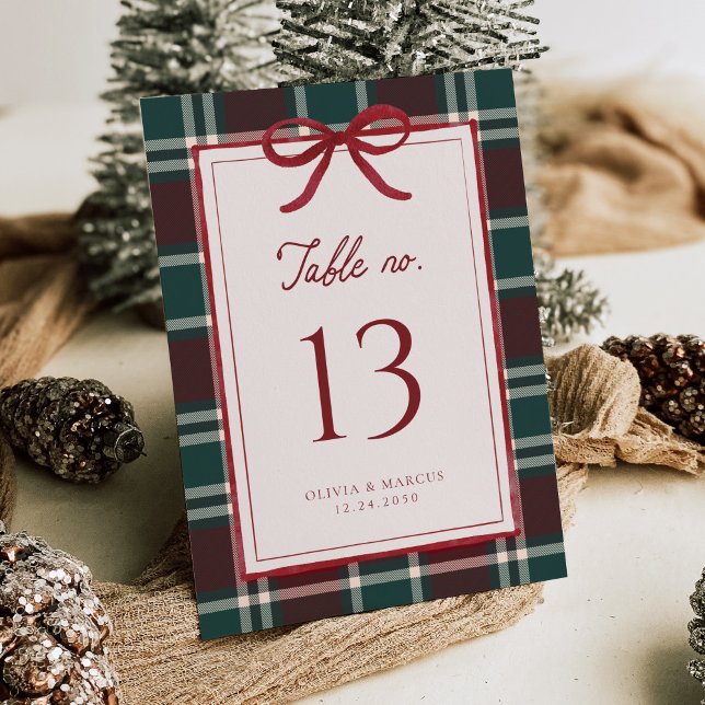 Carte Burgundy Green Plaid Christmas Bow Table Numbers (Burgundy green plaid Christmas wedding table number with red bow, elegant winter reception décor.)
