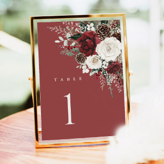 Carte Burgundy Wedding Table Numbers, Winter Floral