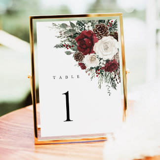 Carte Burgundy Winter Floral Wedding Table Numbers 