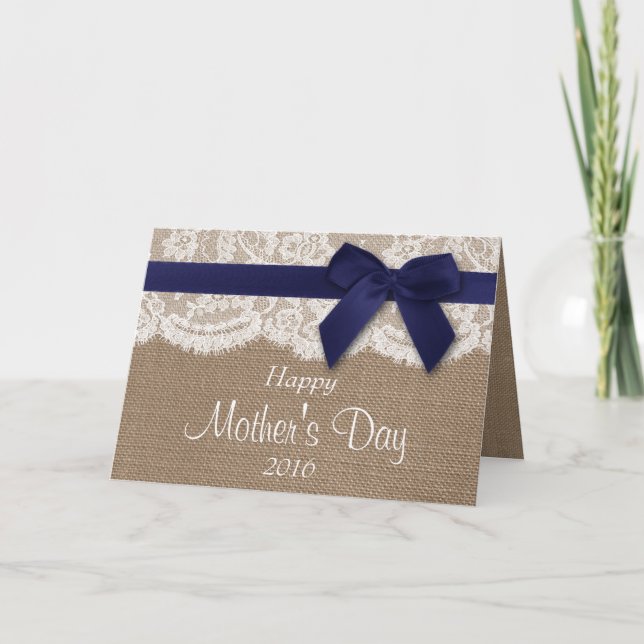 Carte Burlap, dentelle et marine Bow Bonne fête des mère (Devant)