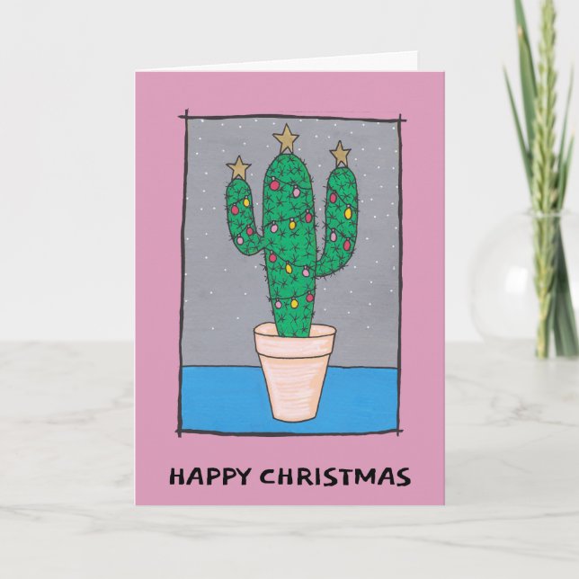 Carte Cactus de Noël mignons, bordure rose, votre saluta (Devant)
