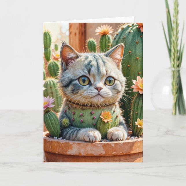 Carte Cactus et Tabby Cat Anniversaire (Devant)