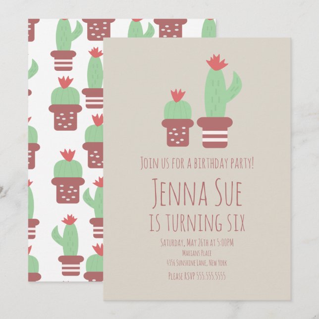 Carte Cactus Moderne Pots Plante fête d'anniversaire (Devant / Derrière)