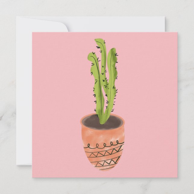 Carte Cactus Plante Terracotta main tirée rose (Devant)