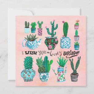Carte Cactus rose et vert plante amoureux anniversaire