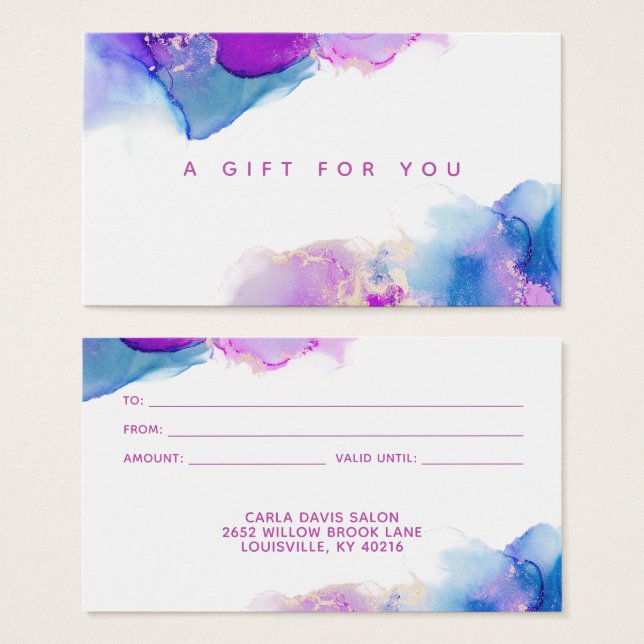Carte-cadeau à l'encre alcoolique bleu violet Scri (Devant & derrière)