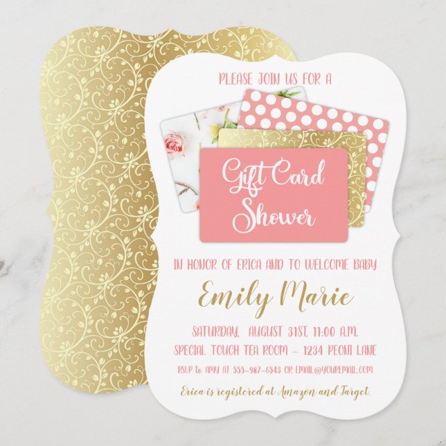 Carte cadeau Baby shower fille rose et or (Devant / Derrière)