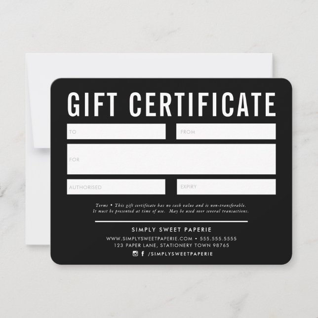 Carte CADEAU CERTIFICAT affaires moderne noir blanc (Devant)
