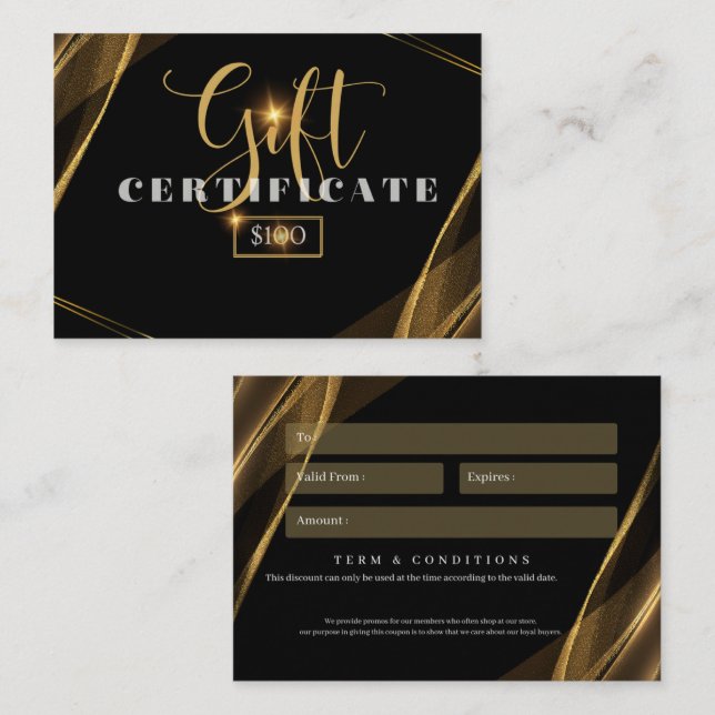 carte cadeau d'affaires 100 $ (Devant / Derrière)