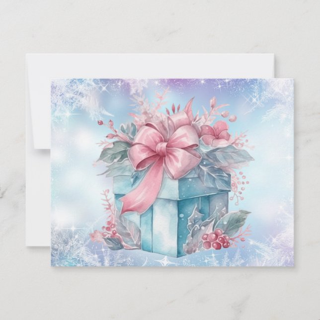Carte Cadeau de Noël Pastel Bleu et Ruban Rose (Devant)