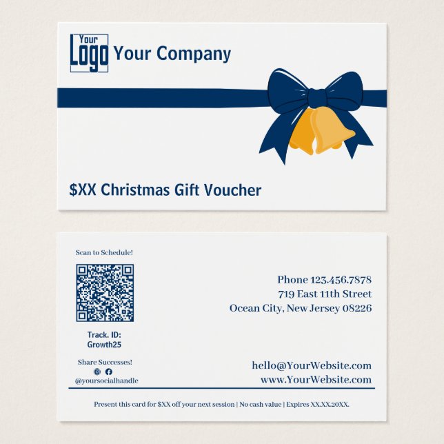 Carte cadeau de Noël pour cloches à ruban bleu (Devant & derrière)