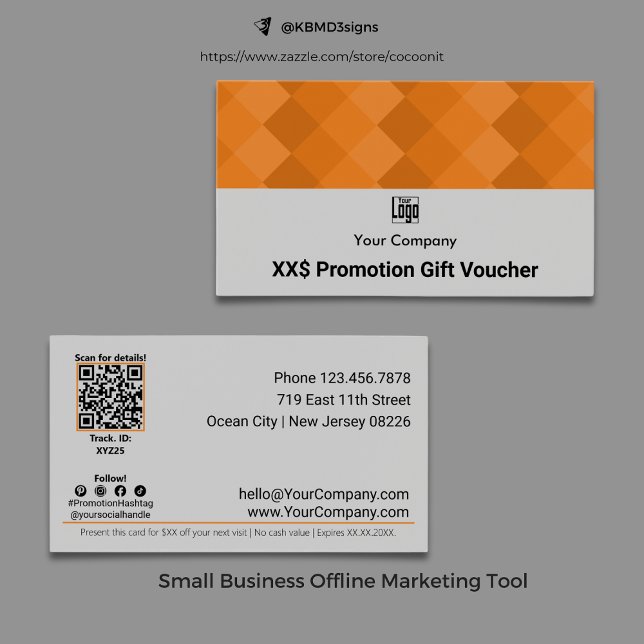 Carte cadeau de promotion d'entreprise moderne (Modern Business Promotion Gift Voucher Card, Gray, Black, Orange, Logo, QR Code, Social Media)